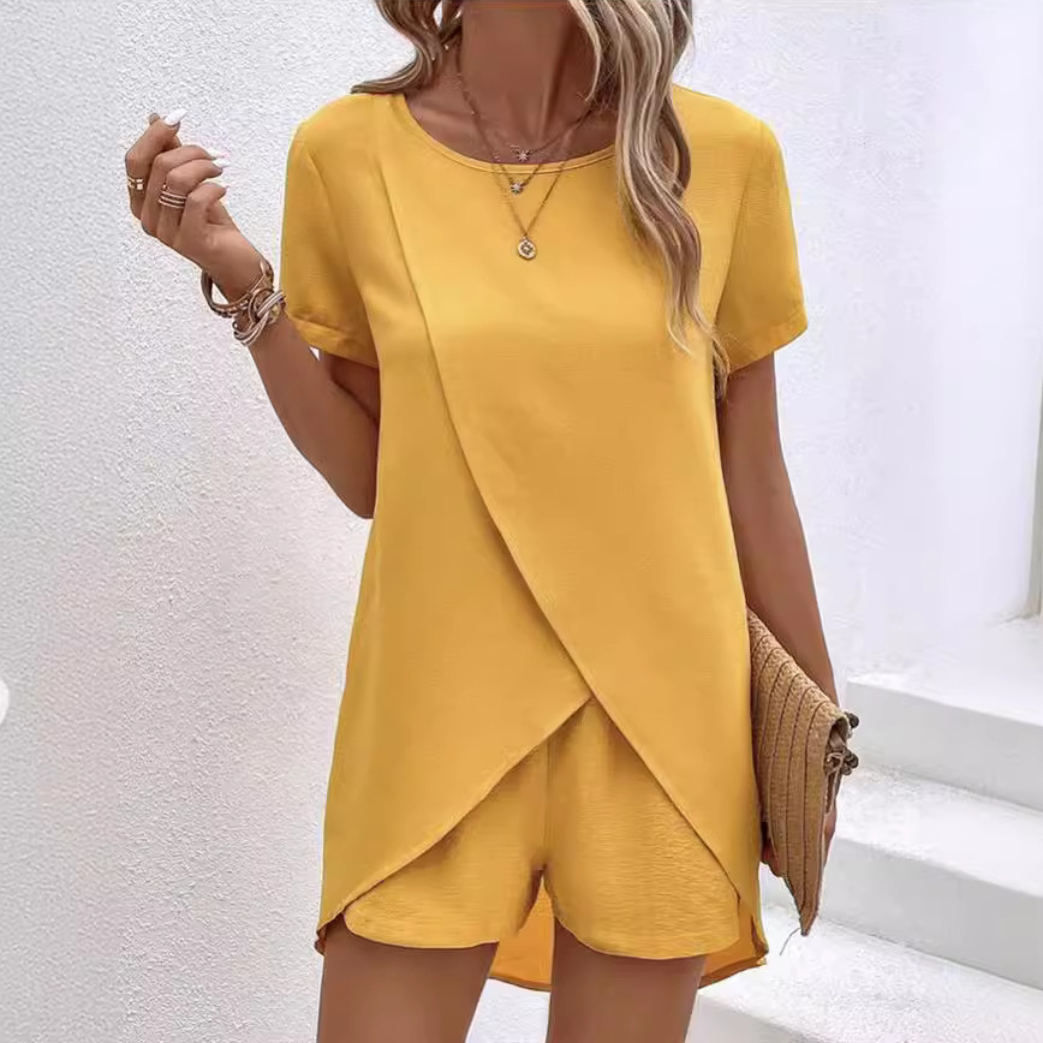 Short Sleeve Co Ord Lounge Set Women Woven Fabric Wrap Hem Relaxed Fit