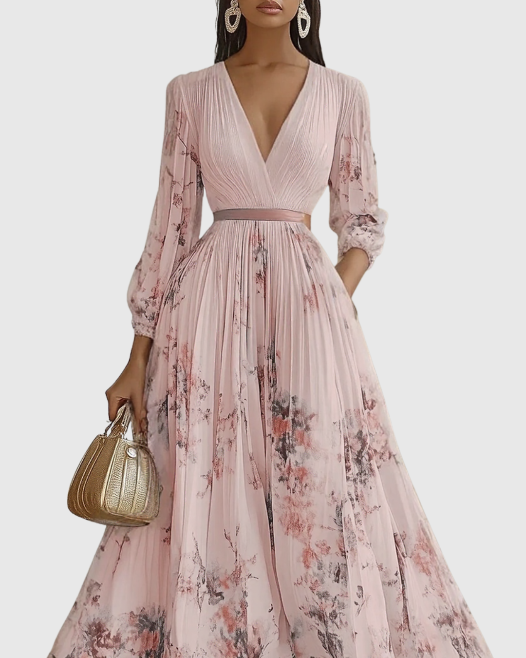 Women's Maxi Dress Cotton Pleated V Neck Floral Print
