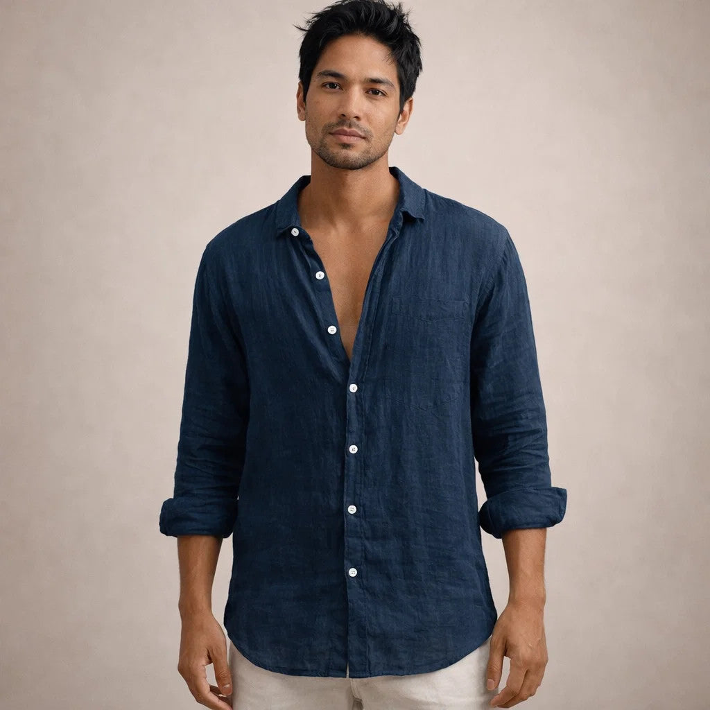 Casual Linen Shirt Men Linen Long Sleeve Open Collar Button Up Straight Fit