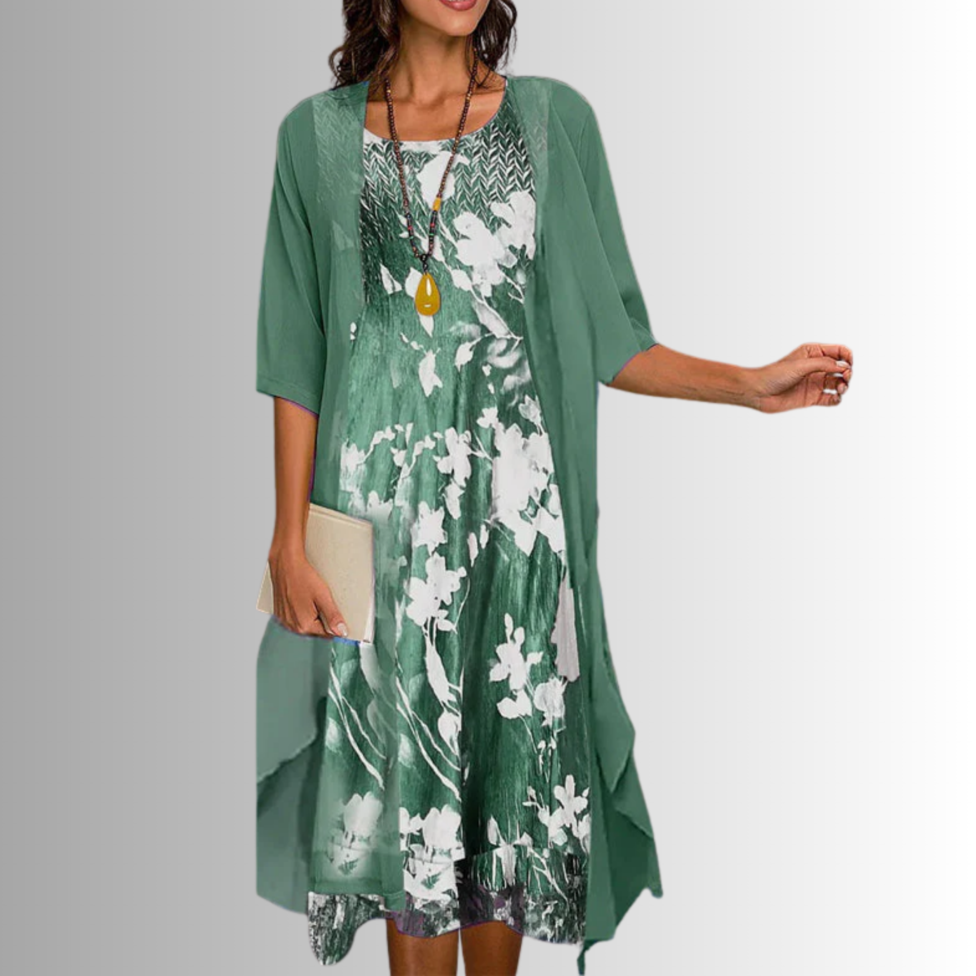Women's Layered Midi Dress Chiffon Fabric Open Front Duster