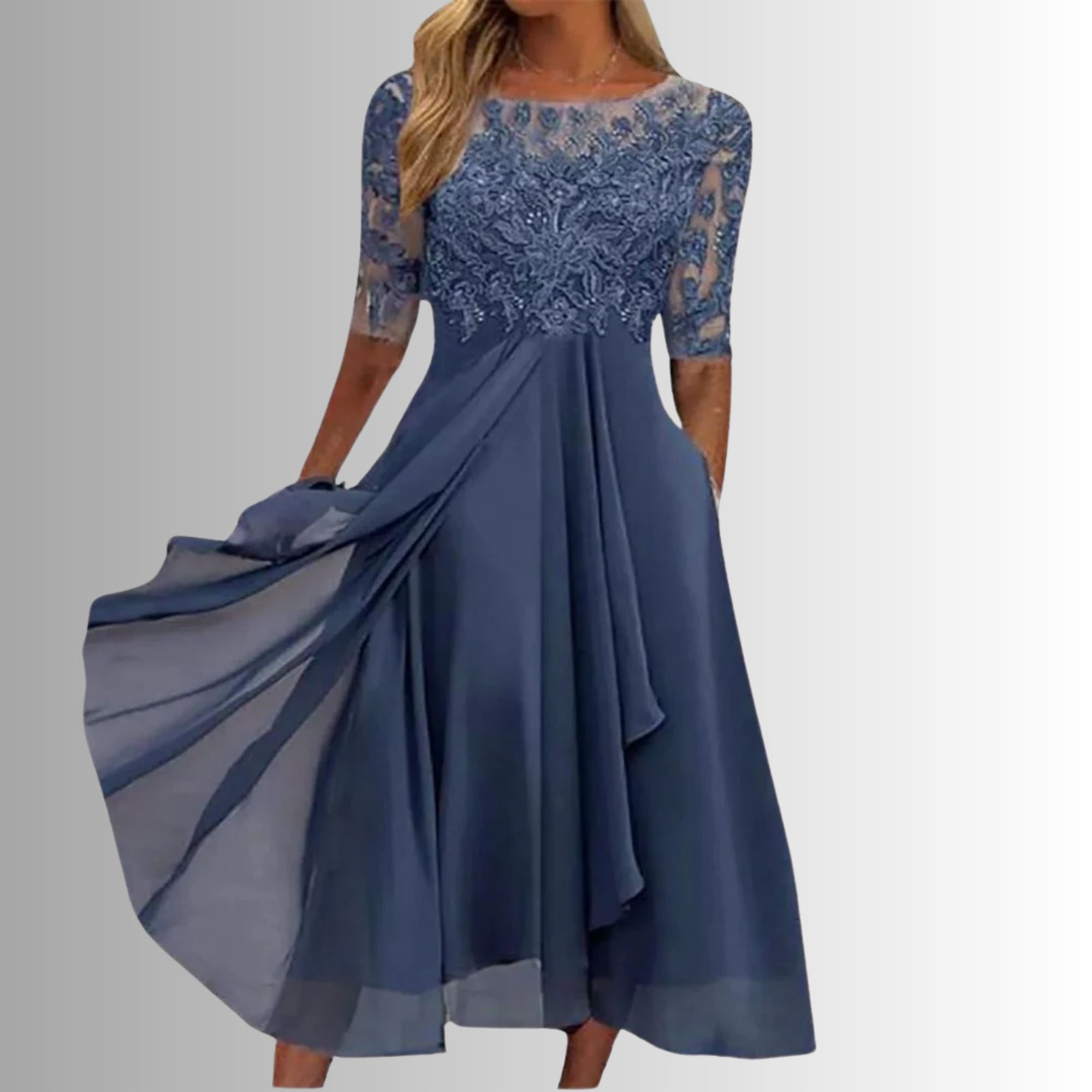 Women's Lace Midi Dress Chiffon Skirt Sheer Sleeve Floral Embroidered
