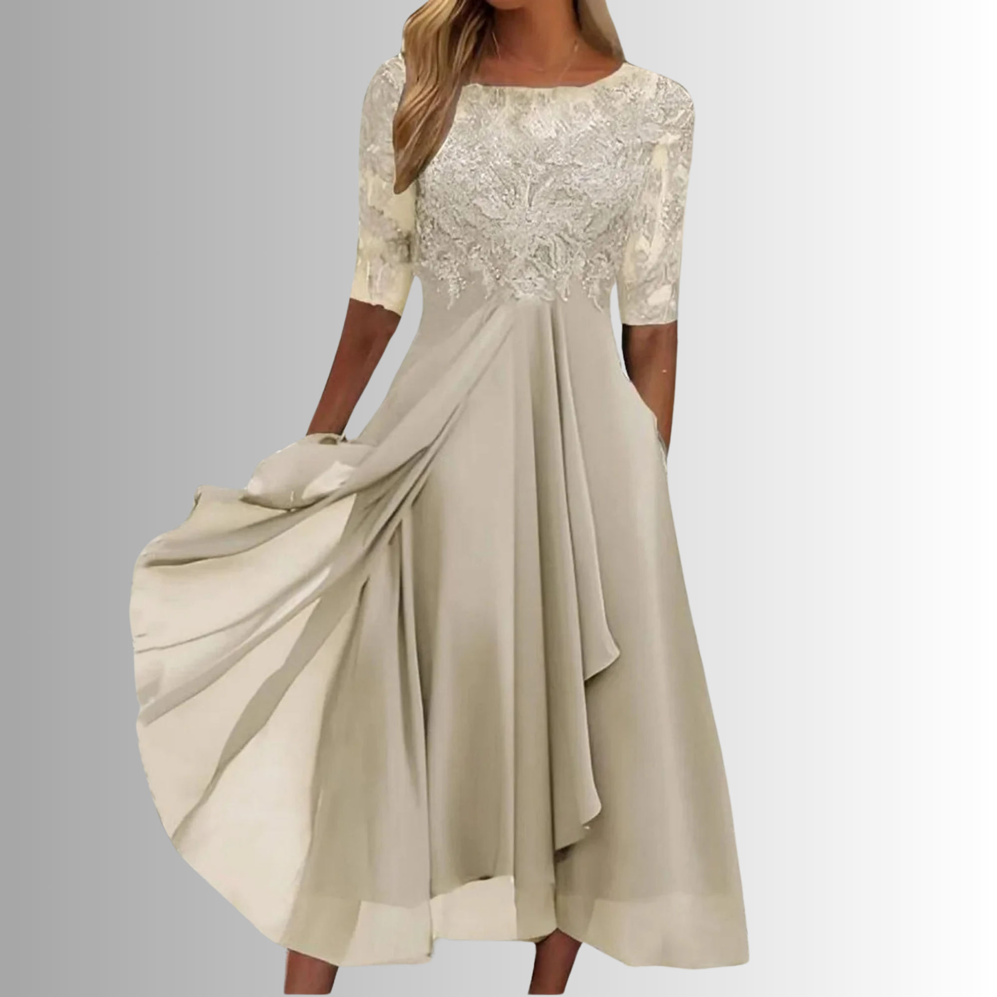 Women's Lace Midi Dress Chiffon Skirt Sheer Sleeve Floral Embroidered