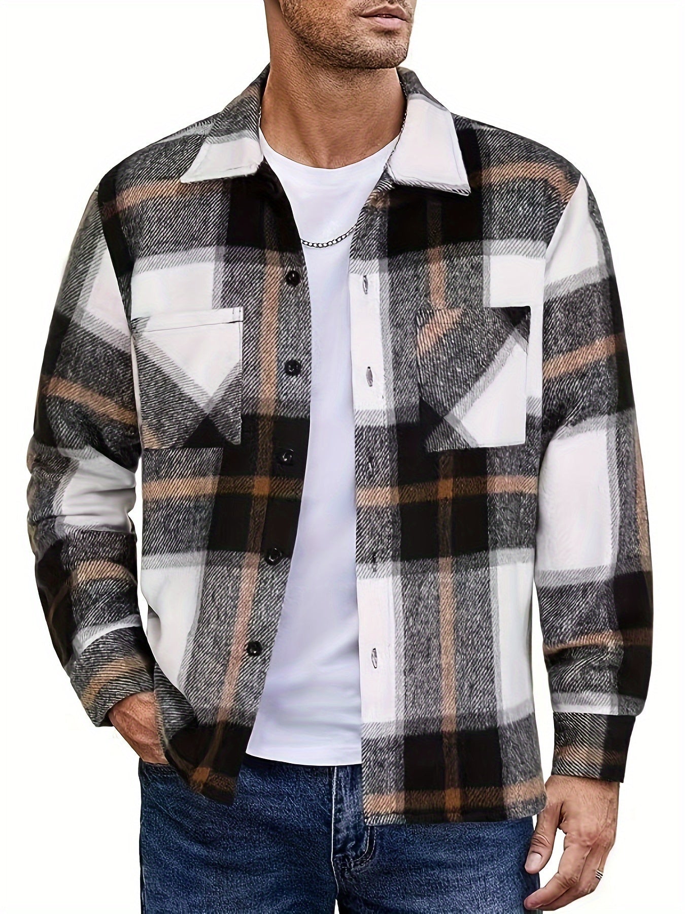 Men's Plaid Polo Lapel Collar Long Sleeve