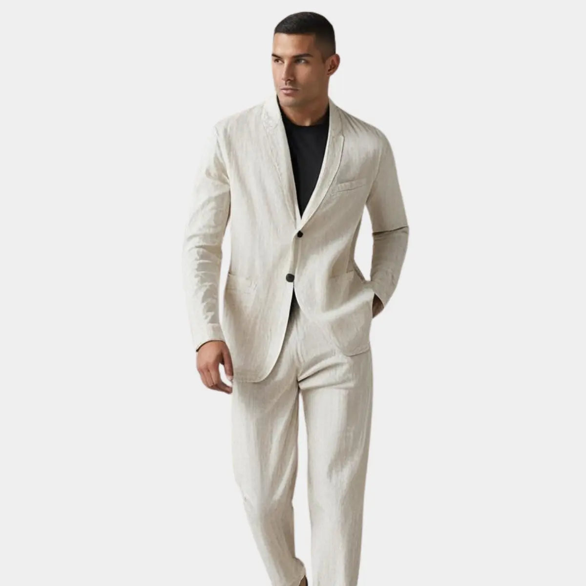 Men's Linen Blend Suit Two Piece Notch Lapel Relaxed Fit Smart Casual