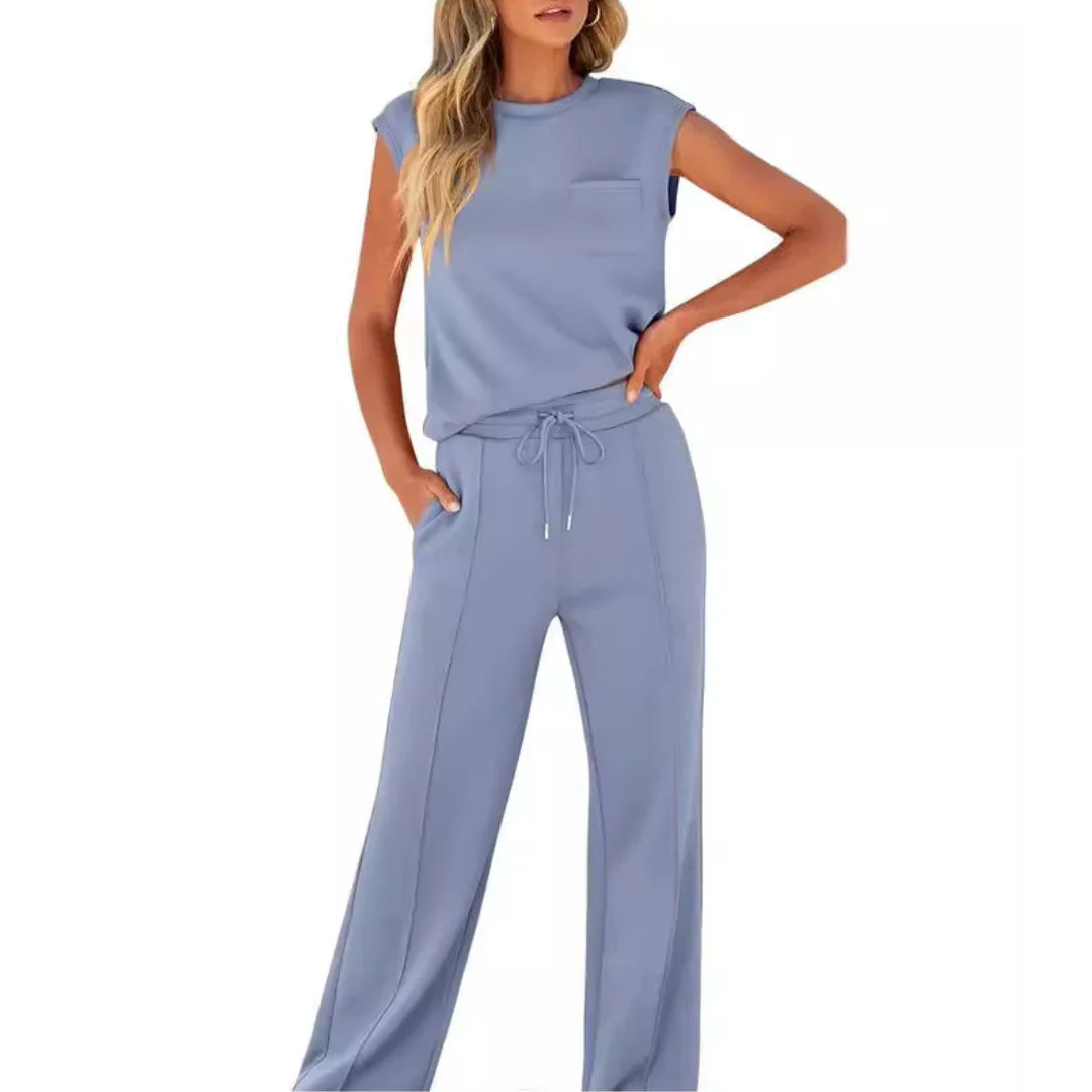 Sleeveless Crop Top Wide Leg Pants Co Ord Set Women Ribbed Fabric Drawstring Waist
