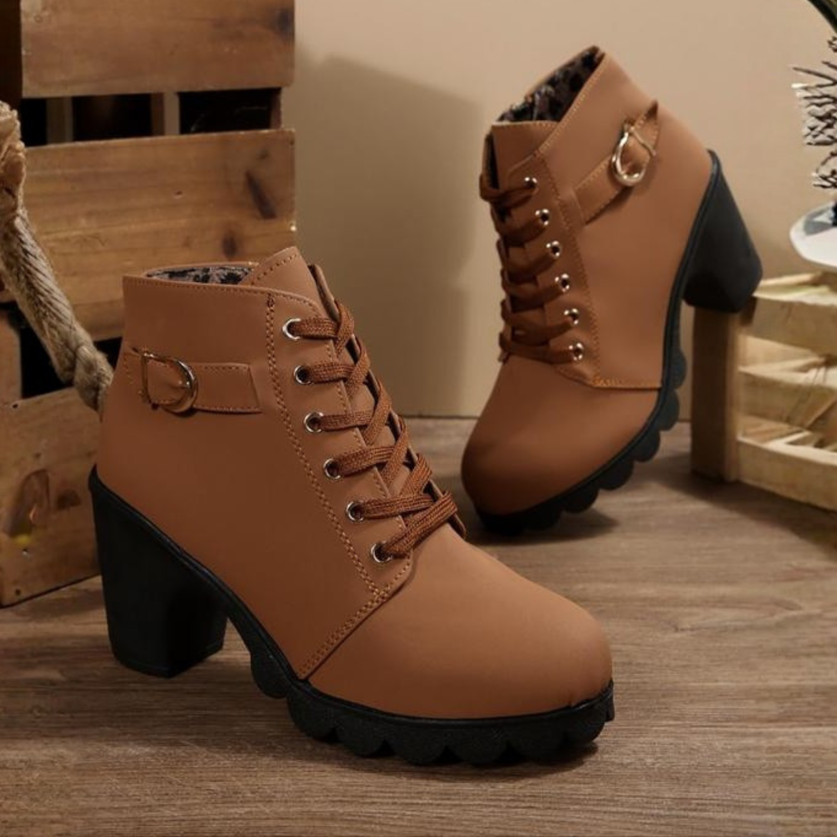 Lace Up Chunky Ankle Boots Women Faux Suede Metal Buckle Block Heel