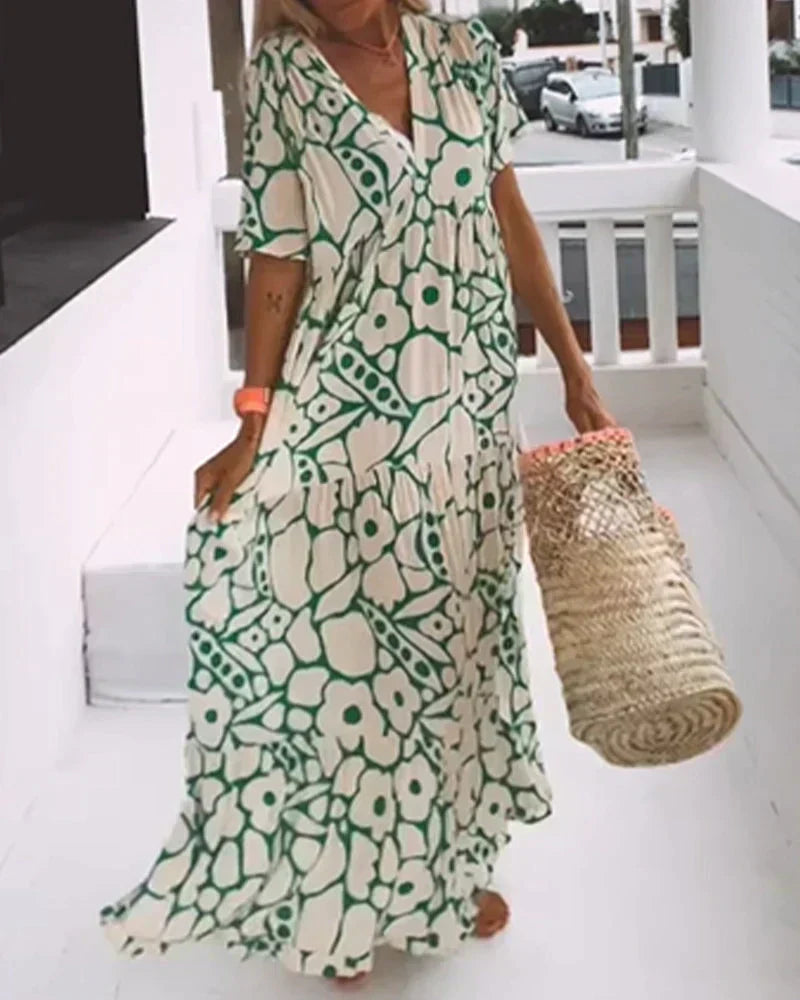 Women's Maxi Dress Woven Fabric V Neck Flutter Sleeve Relaxed Fit