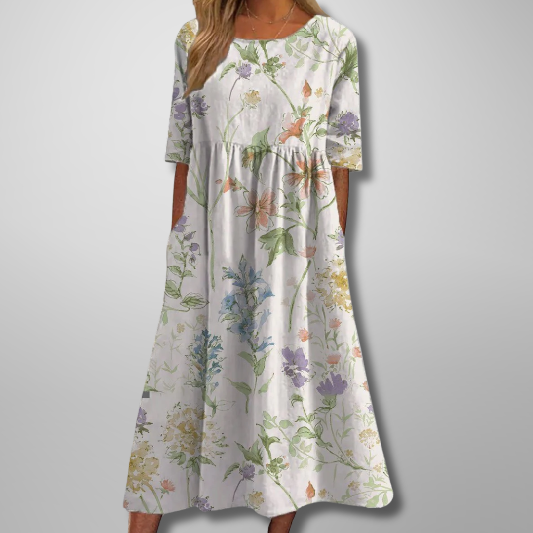 Midi Dress Women Cotton Floral Print Short Sleeve