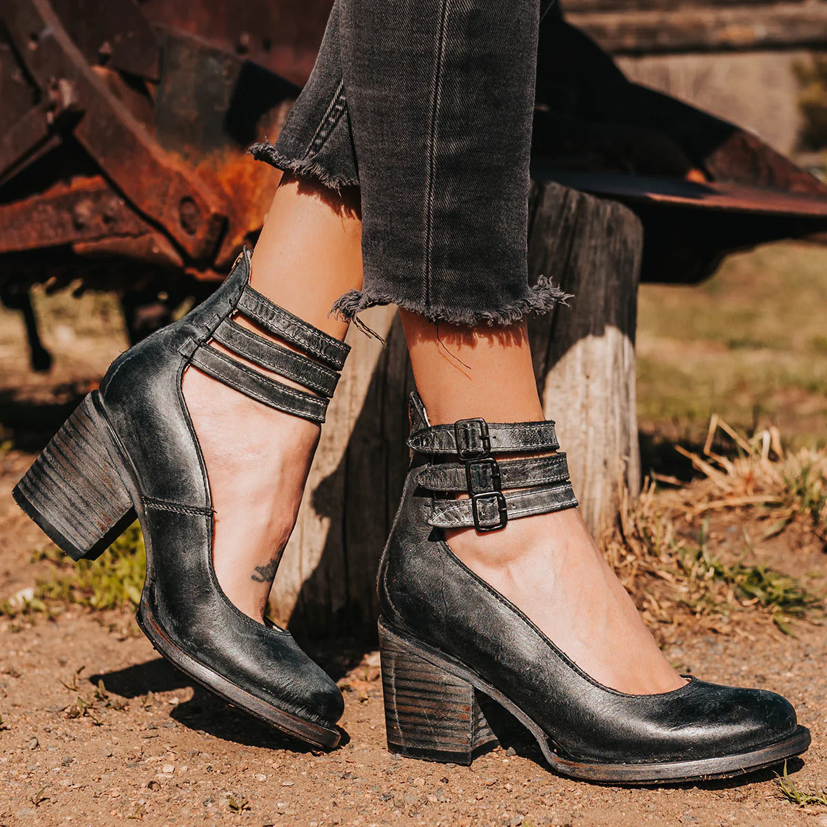Women's Block Heel Booties Ankle Strap Buckle Detail Leather Casual