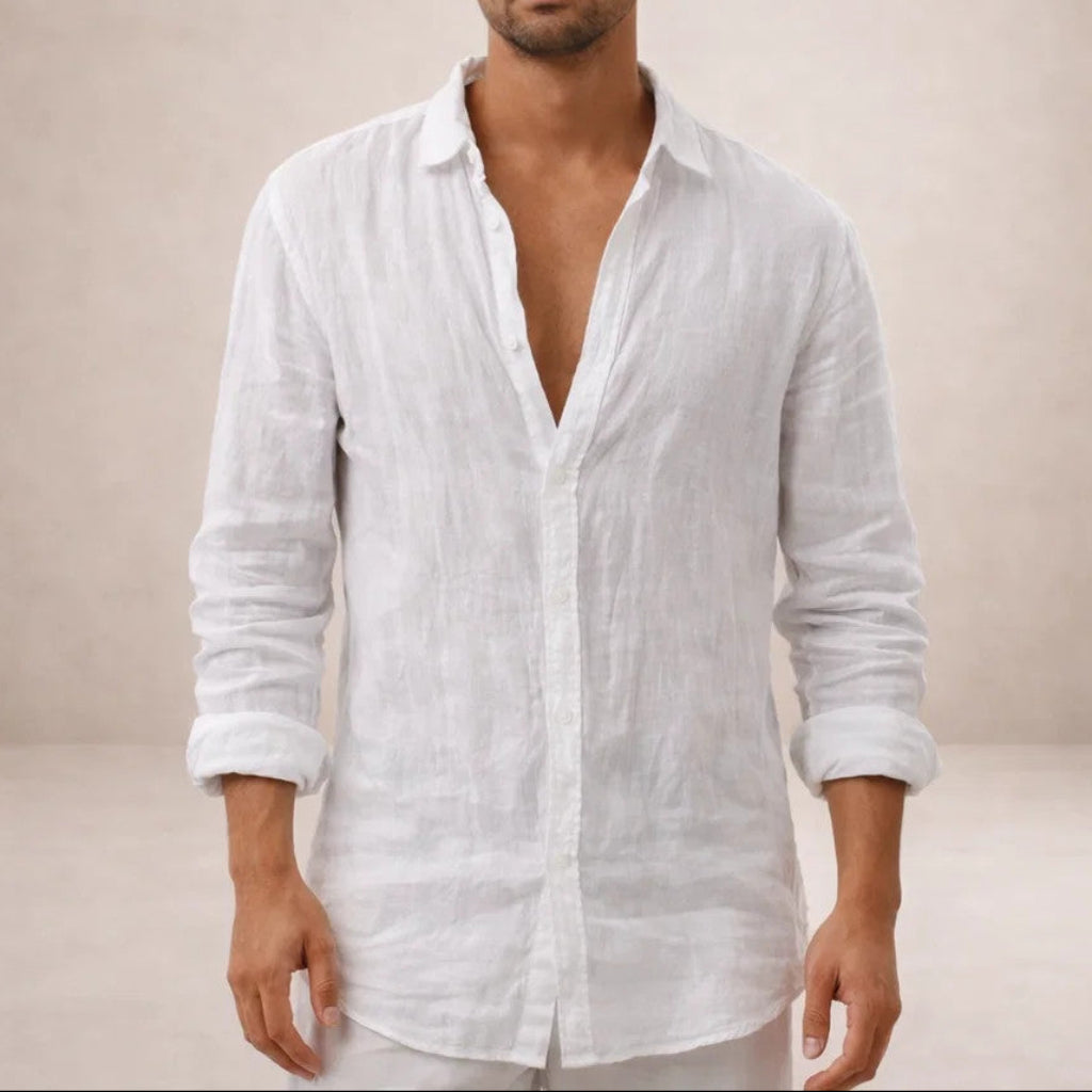 Casual Linen Shirt Men Linen Long Sleeve Open Collar Button Up Straight Fit