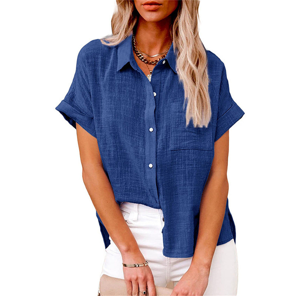Women's Button Down Shirt Woven Fabric Short Sleeve Collar