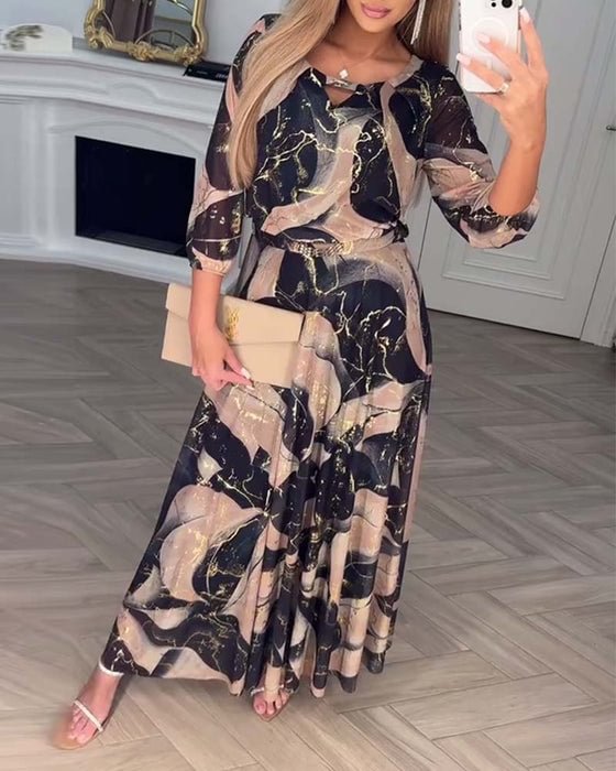 Printed Chiffon Maxi Dress Women Lightweight Breathable Fabric A Line Round Neck