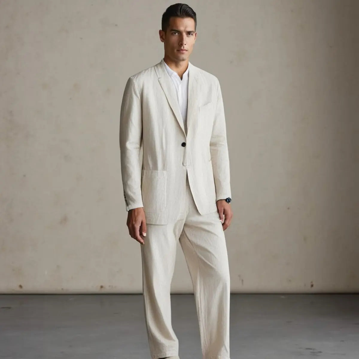 Men's Linen Blend Suit Two Piece Notch Lapel Relaxed Fit Smart Casual