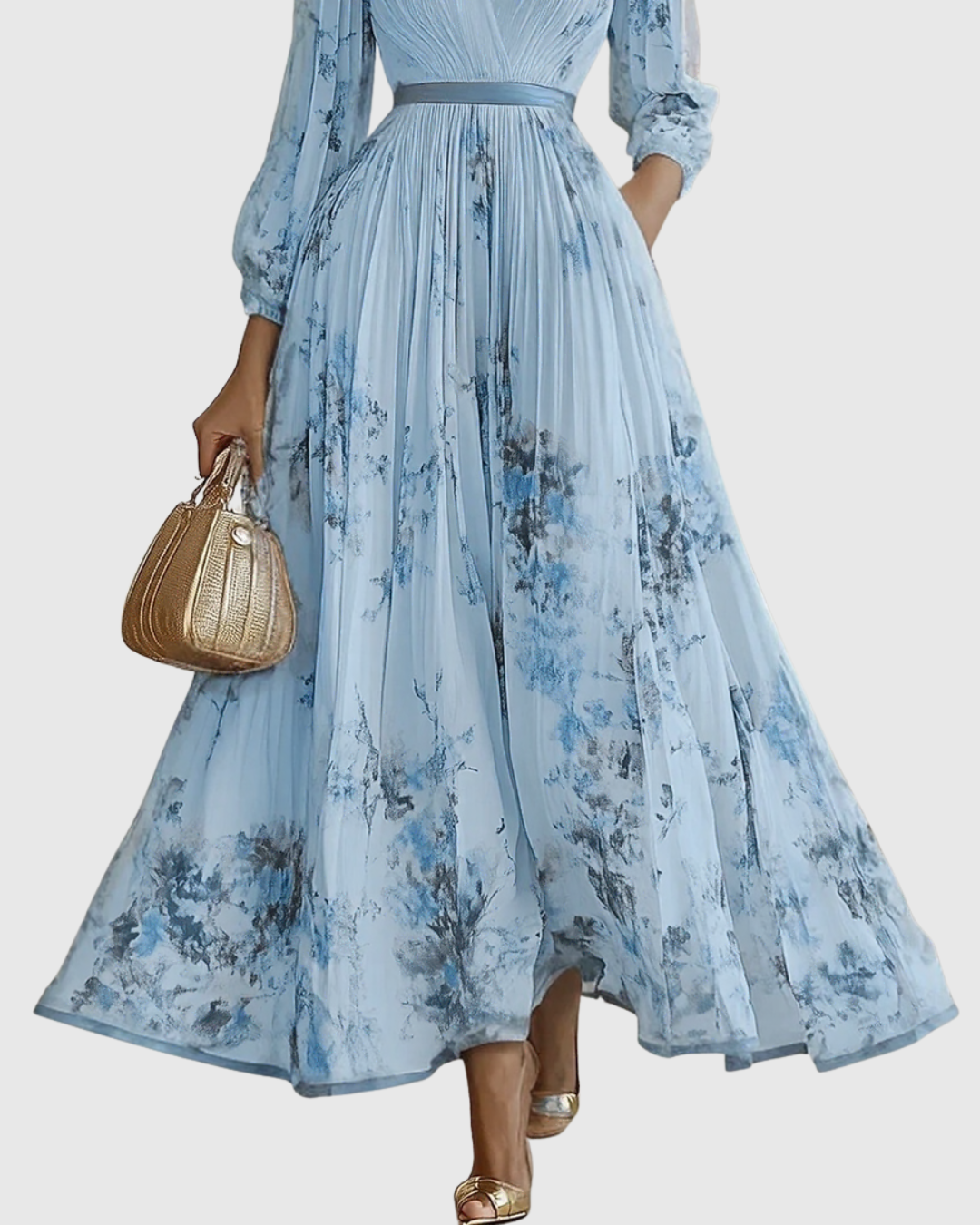 Women's Maxi Dress Cotton Pleated V Neck Floral Print