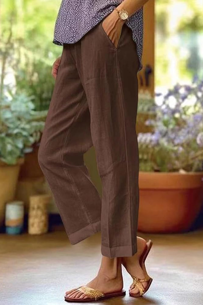 Women's Linen Trousers Elasticated Waist Rolled Cuff Side Pockets Casual