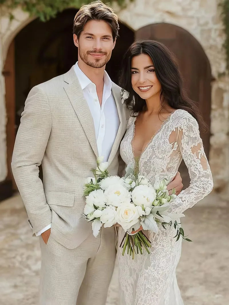Men's Linen Suit Two Piece Notch Lapel Two Button Slim Fit Wedding