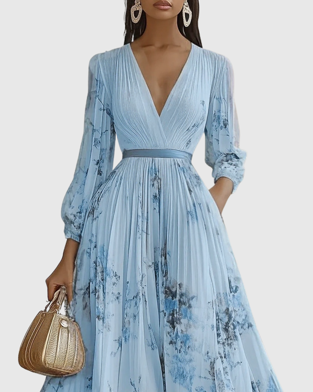 Women's Maxi Dress Cotton Pleated V Neck Floral Print
