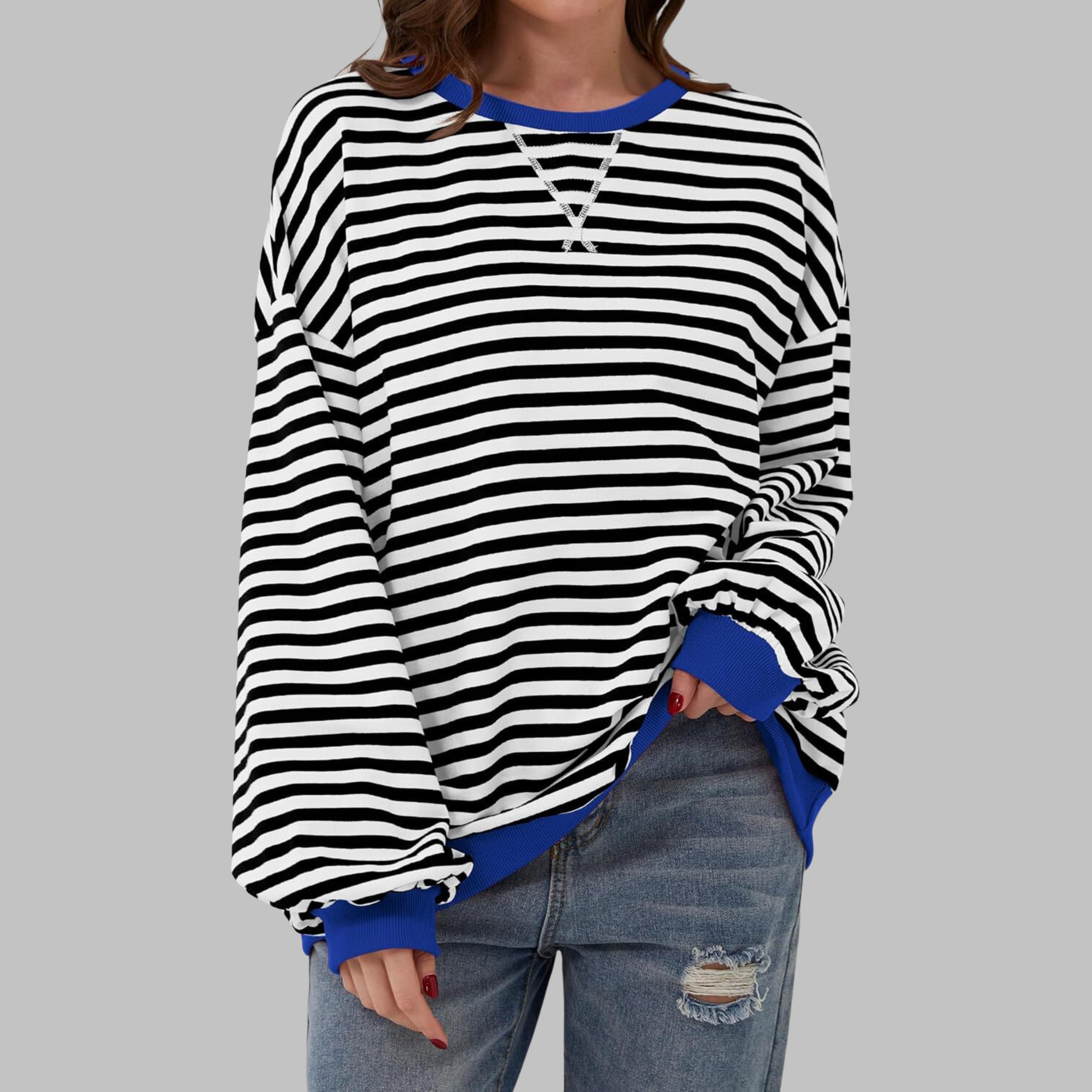 Long Sleeve Striped Shirt Women Round Neck Relaxed Fit