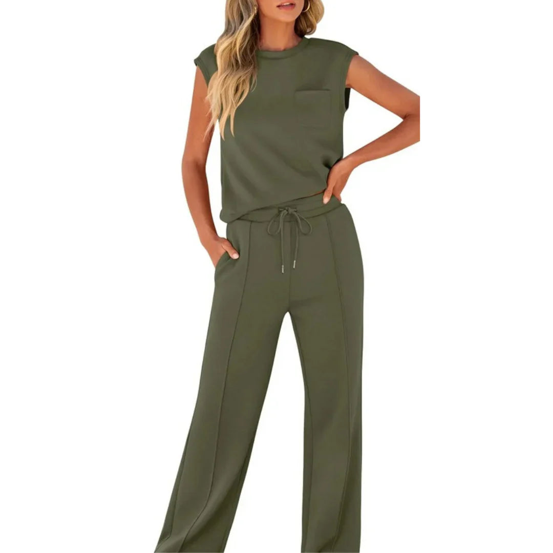 Sleeveless Crop Top Wide Leg Pants Co Ord Set Women Ribbed Fabric Drawstring Waist