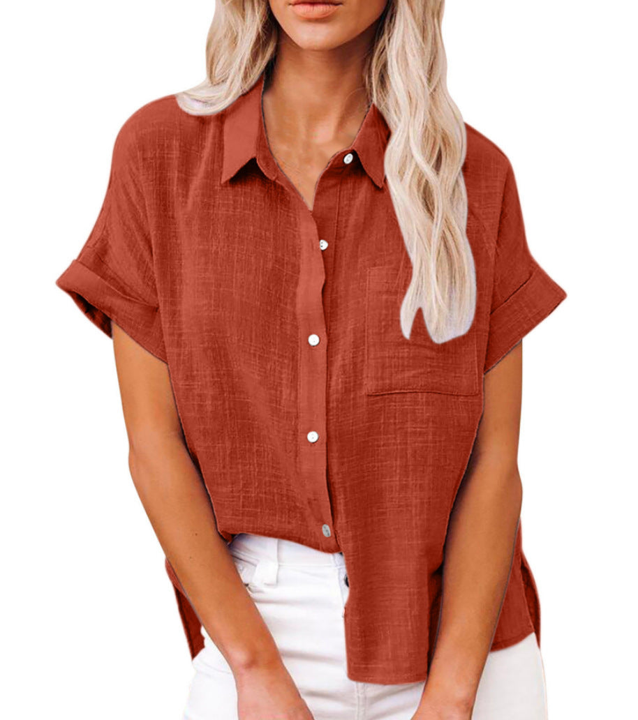 Women's Button Down Shirt Woven Fabric Short Sleeve Collar