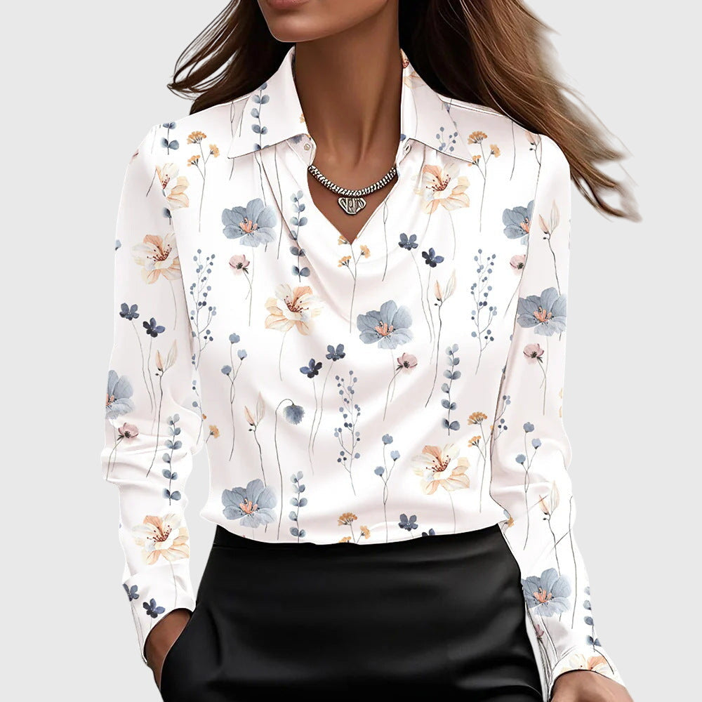 Women's Blouse Satin Cowl Neck Long Sleeve