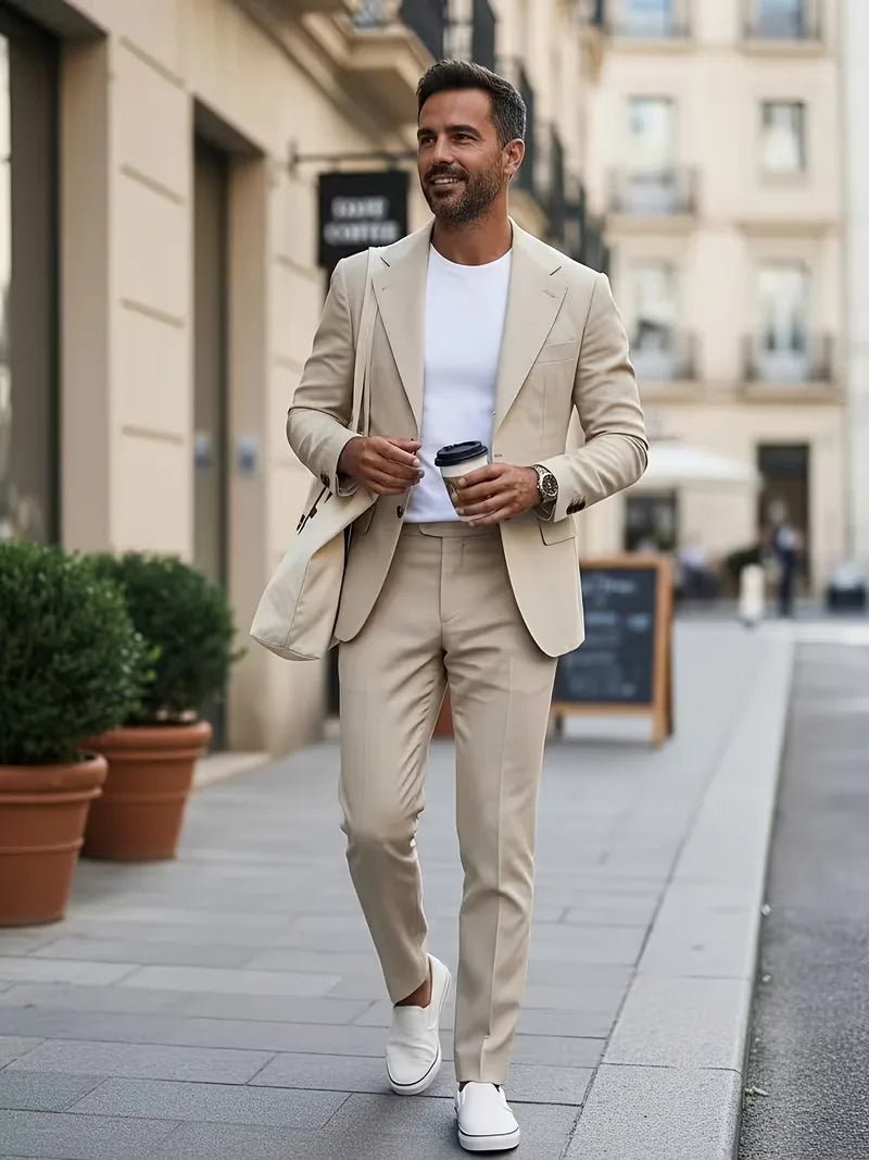 Men's Two Piece Suit Woven Fabric Notch Lapel Slim Fit Smart Casual