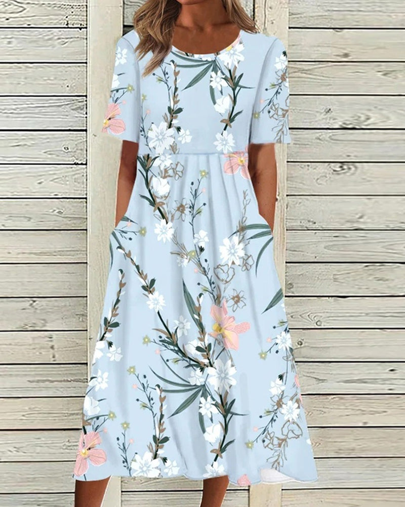 Women's Floral Print Midi Dress Woven Fabric Round Neck