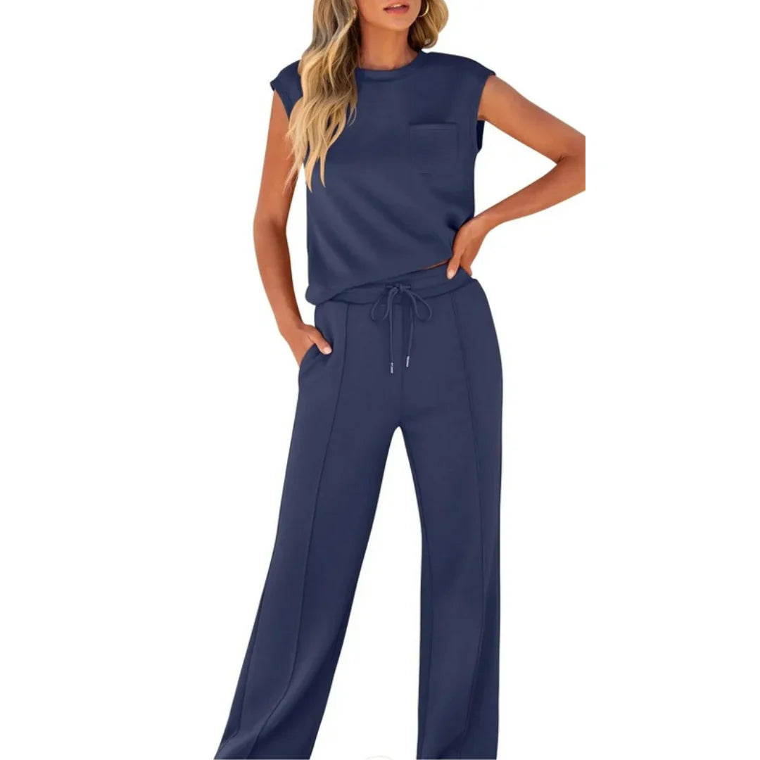 Sleeveless Crop Top Wide Leg Pants Co Ord Set Women Ribbed Fabric Drawstring Waist