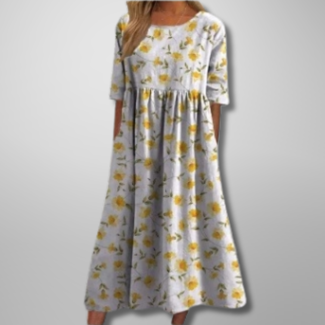 Midi Dress Women Cotton Floral Print Short Sleeve