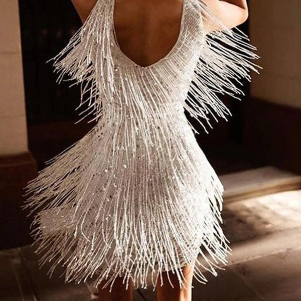 Fringe Party Dress Women Soft Breathable Blend Above Knee Figure Flattering