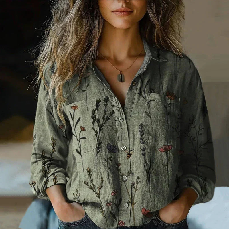 Women's Blouse Cotton Button Front Flare Sleeve