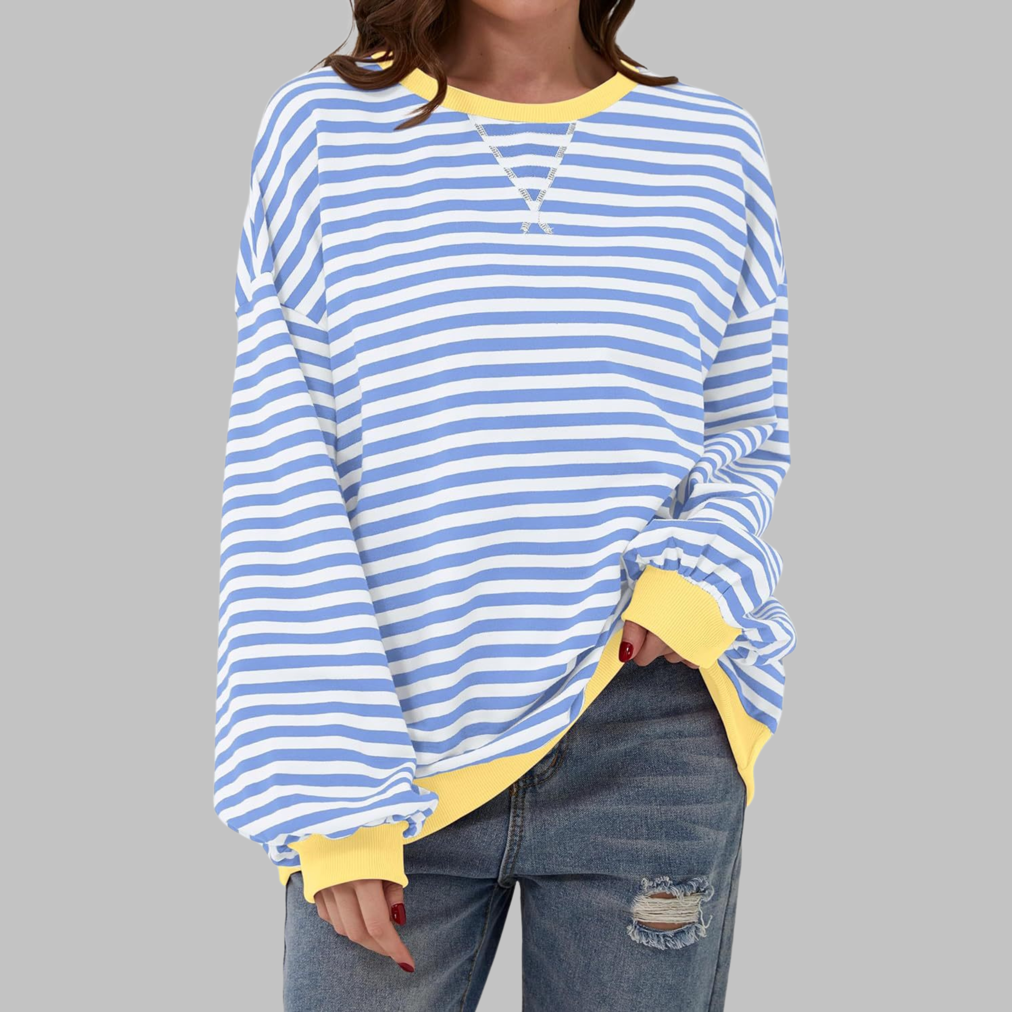 Long Sleeve Striped Shirt Women Round Neck Relaxed Fit