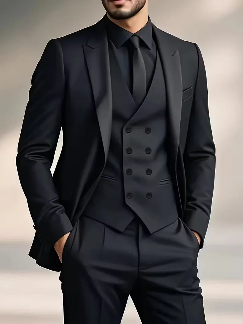 Men's Three Piece Suit Woven Fabric Peak Lapel Double Breasted Waistcoat