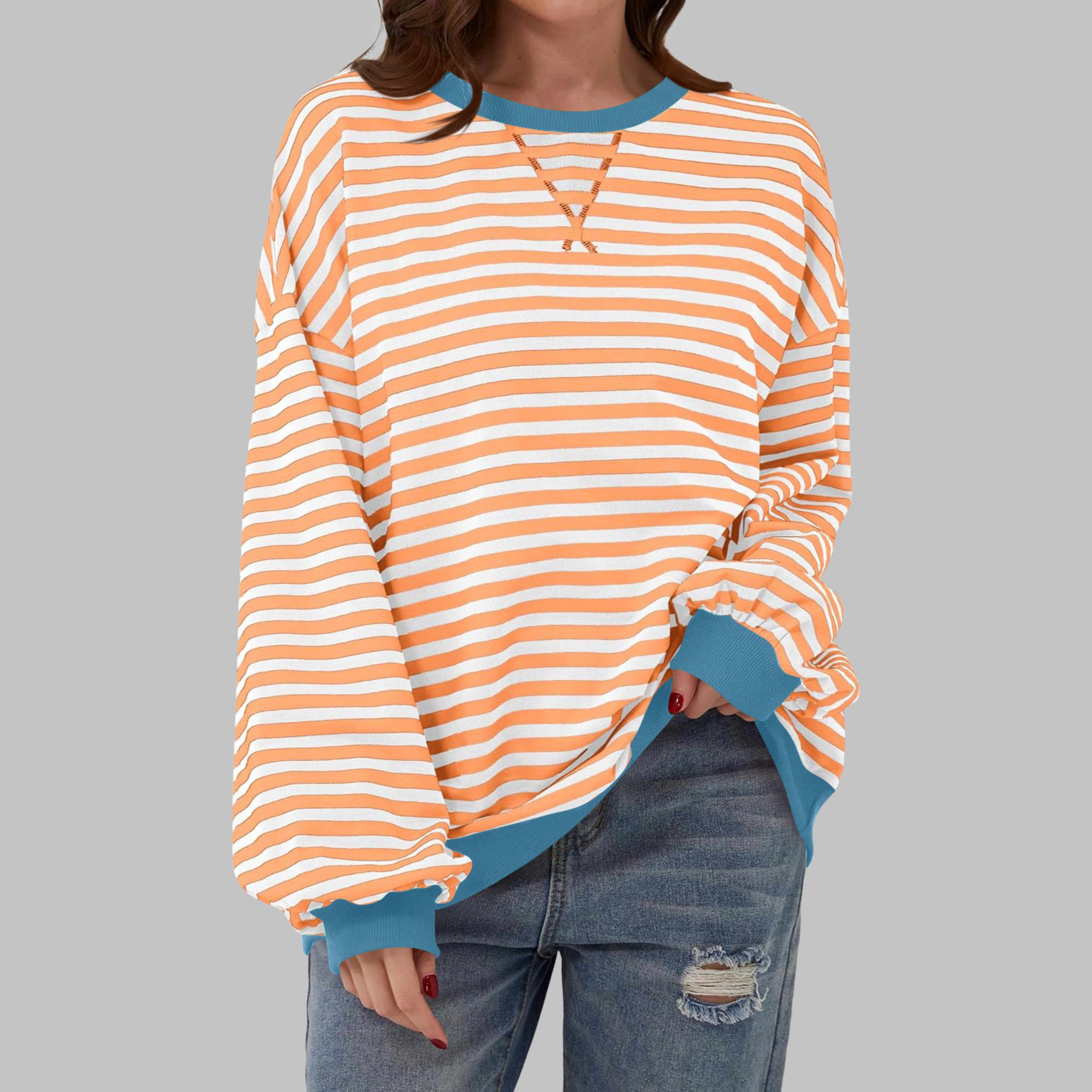 Long Sleeve Striped Shirt Women Round Neck Relaxed Fit
