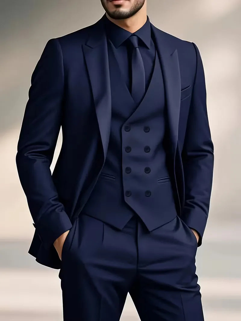 Men's Three Piece Suit Woven Fabric Peak Lapel Double Breasted Waistcoat