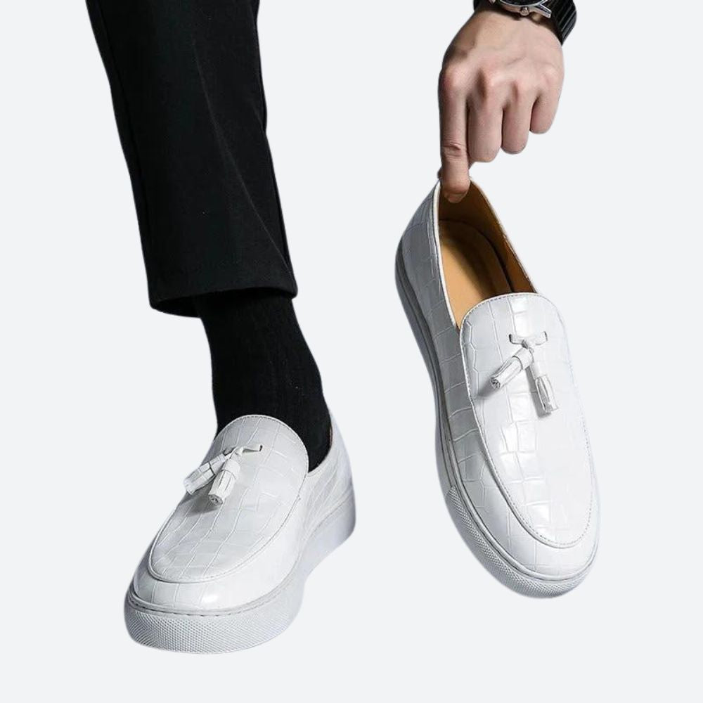 Men's Slip On Loafers Croc Embossed Leather Tassel Platform Sole