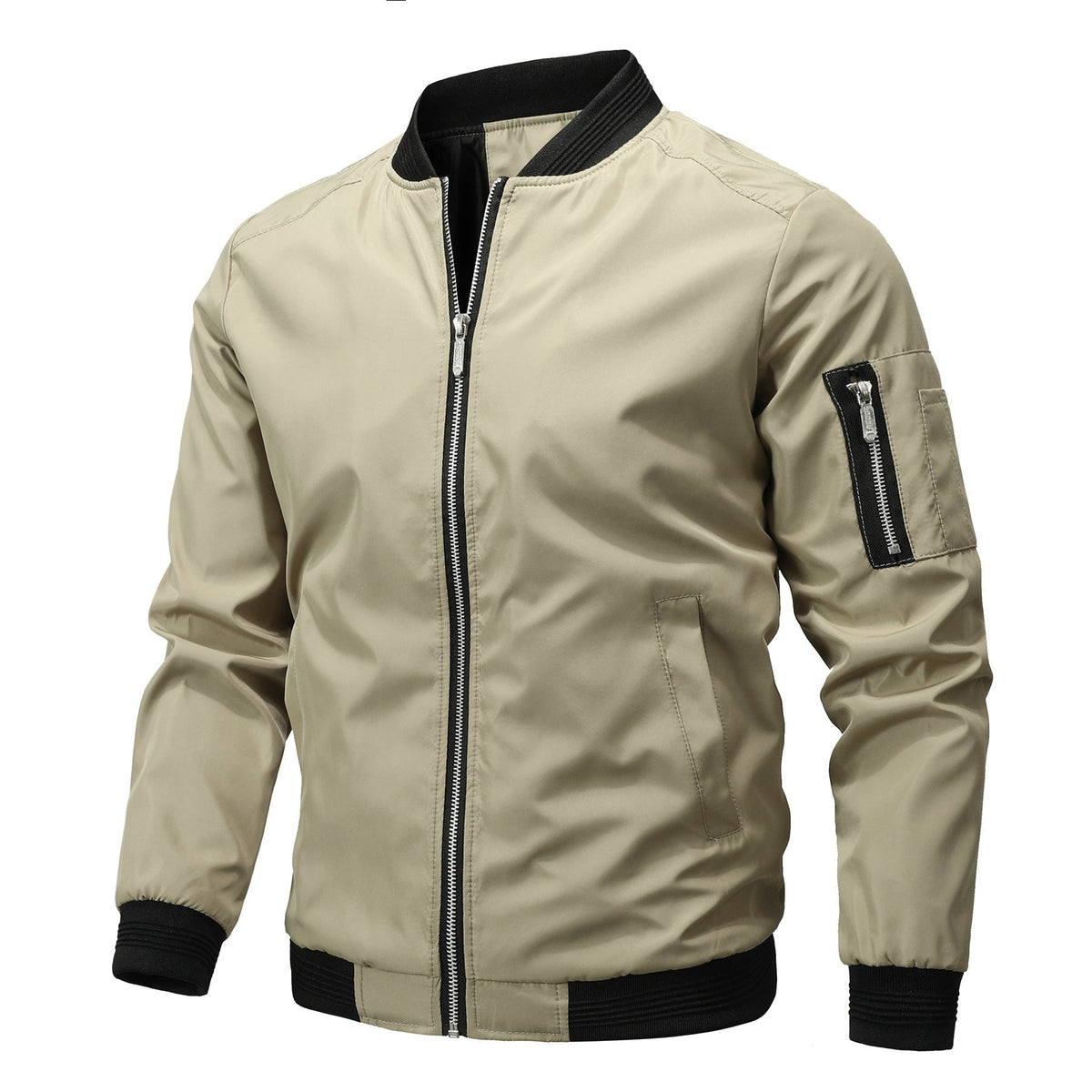 Men's Bomber Jacket, Contrast Ribbed Trim Zip-Up Coat with Sleeve Pocket