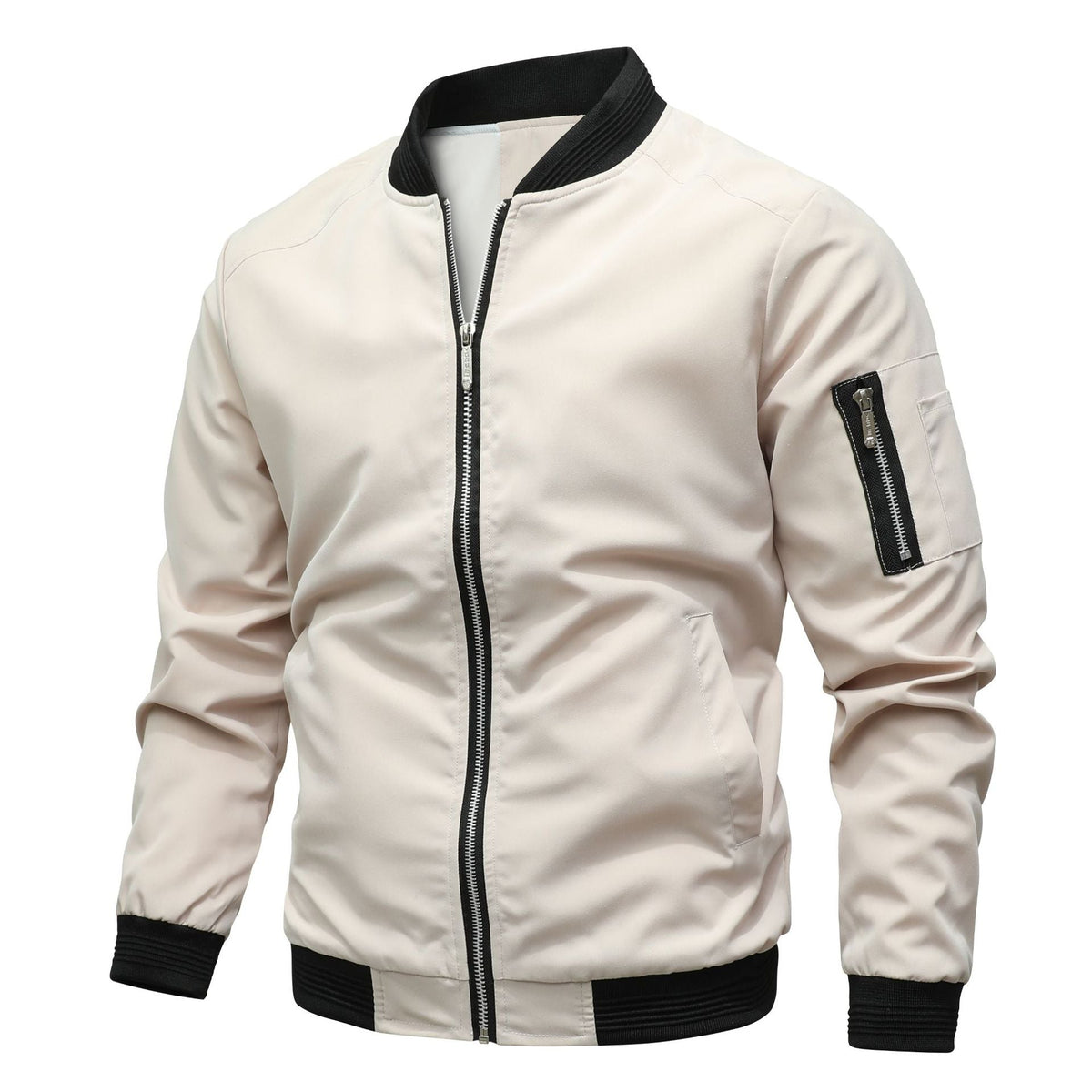 Men's Bomber Jacket, Contrast Ribbed Trim Zip-Up Coat with Sleeve Pocket