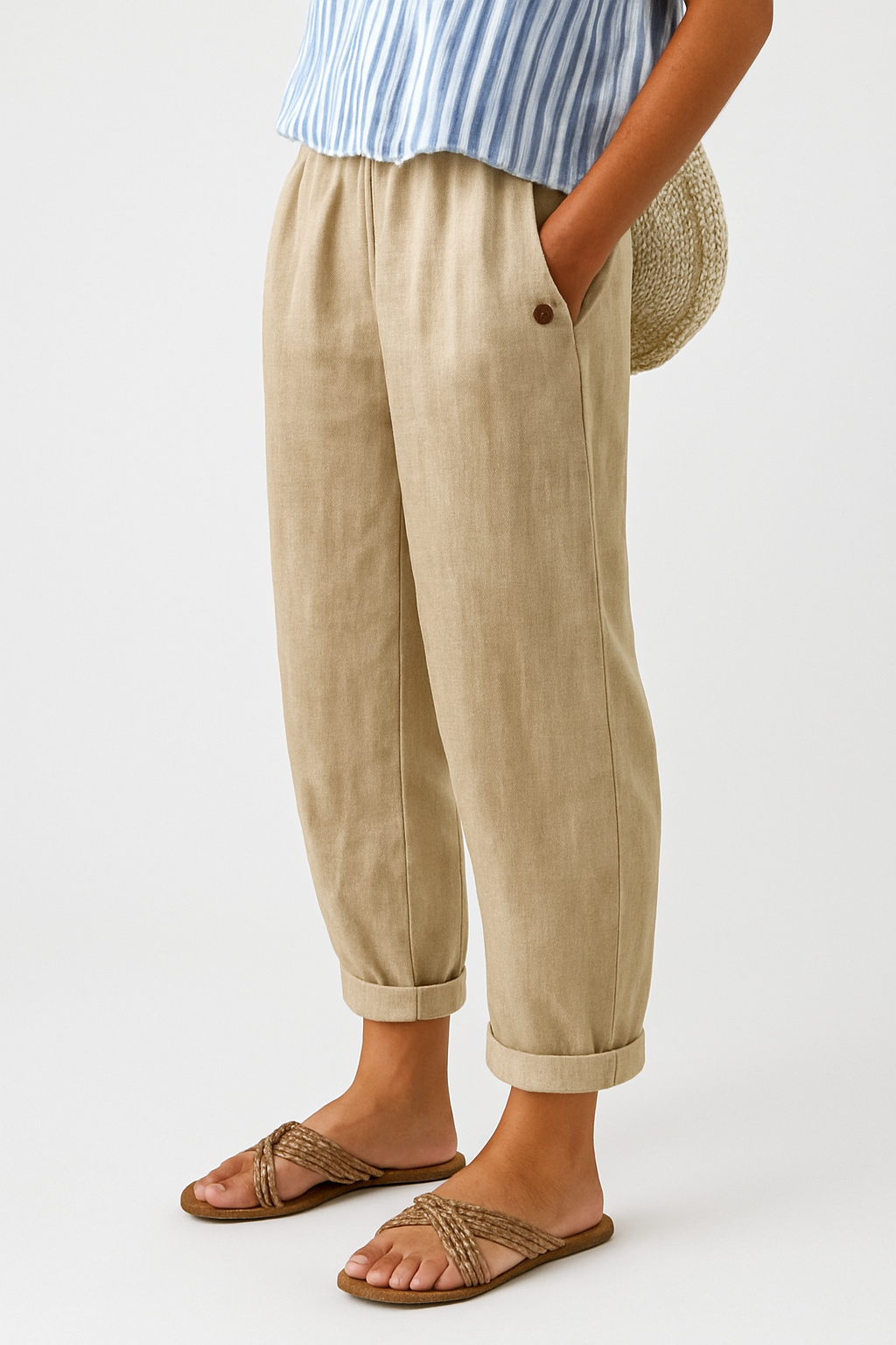 Women's Cropped Straight Leg Pants Woven Fabric Side Pocket