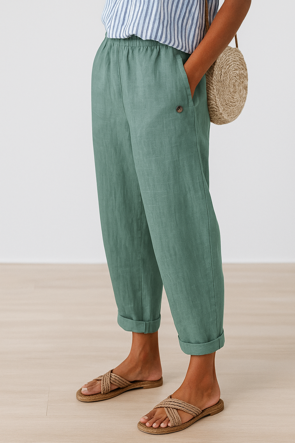 Women's Cropped Straight Leg Pants Woven Fabric Side Pocket