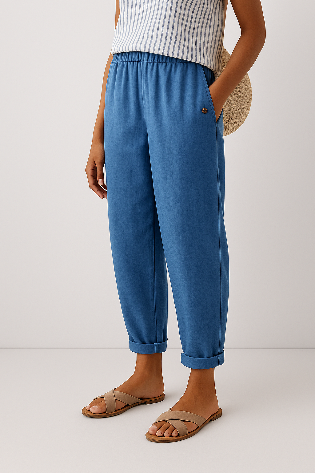 Women's Cropped Straight Leg Pants Woven Fabric Side Pocket