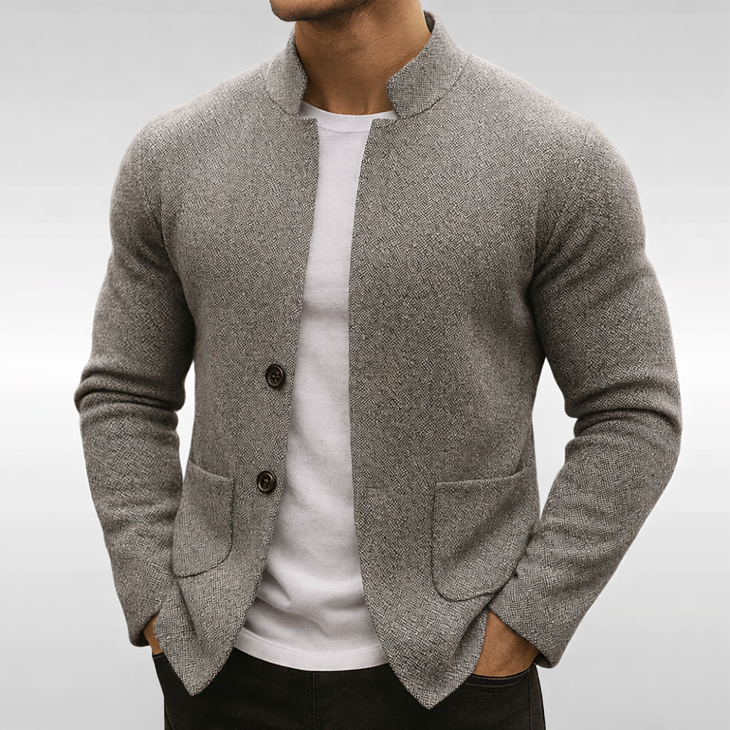Men's Textured Knit Cardigan Mandarin Collar Patch Pockets
