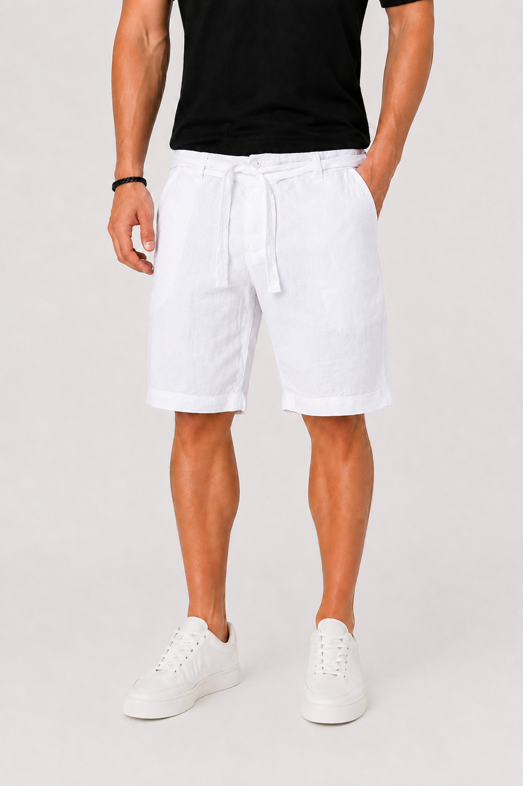 Men's Linen Shorts Drawstring Waist Rolled Hem Side Pockets Smart Casual