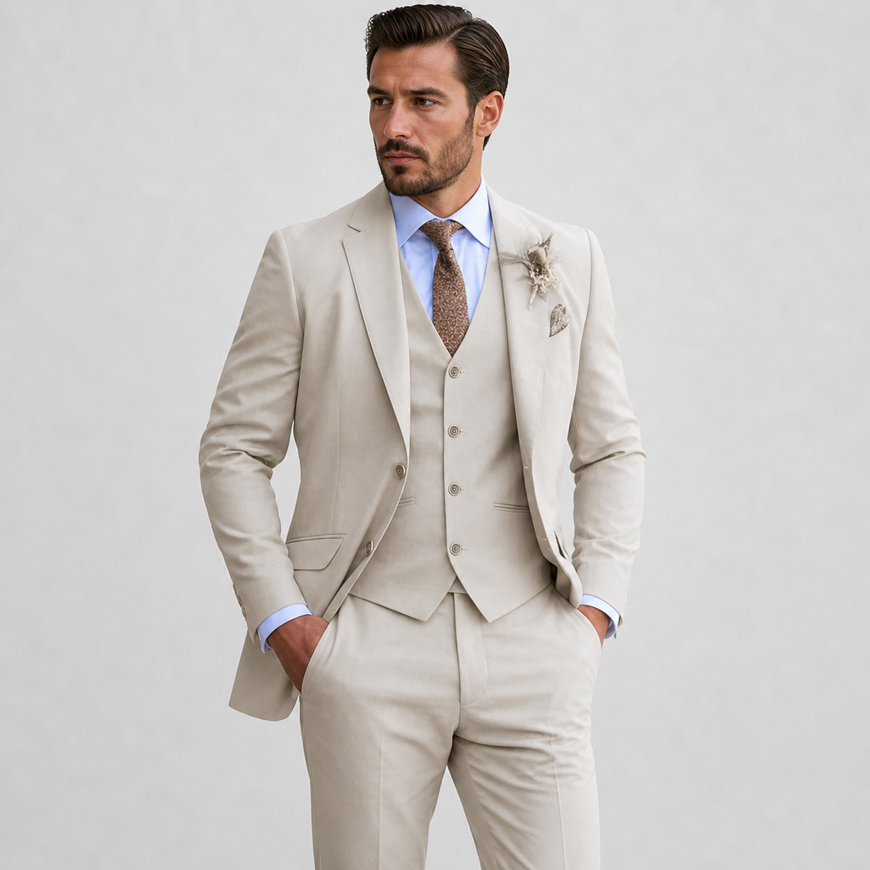 Men's Linen Suit Three Piece Notch Lapel Tailored Fit Wedding