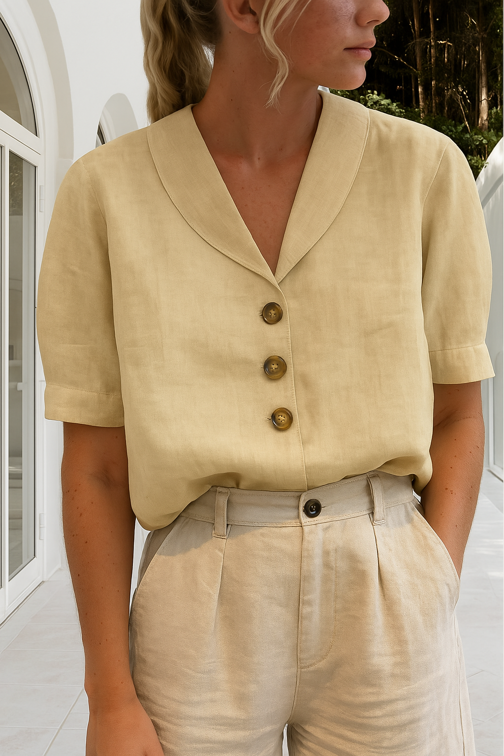 Women's Button Up Blouse Woven Fabric V Neck Short Sleeve