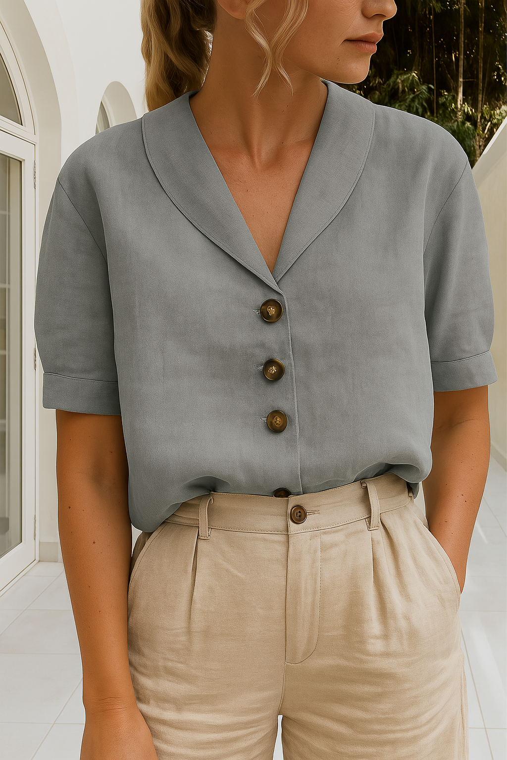 Women's Button Up Blouse Woven Fabric V Neck Short Sleeve
