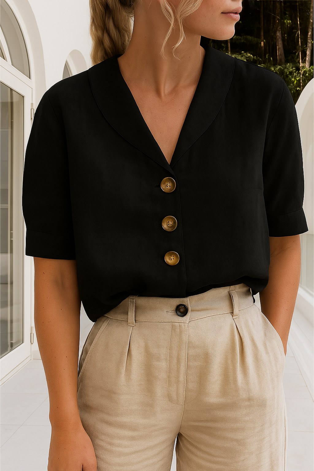 Women's Button Up Blouse Woven Fabric V Neck Short Sleeve