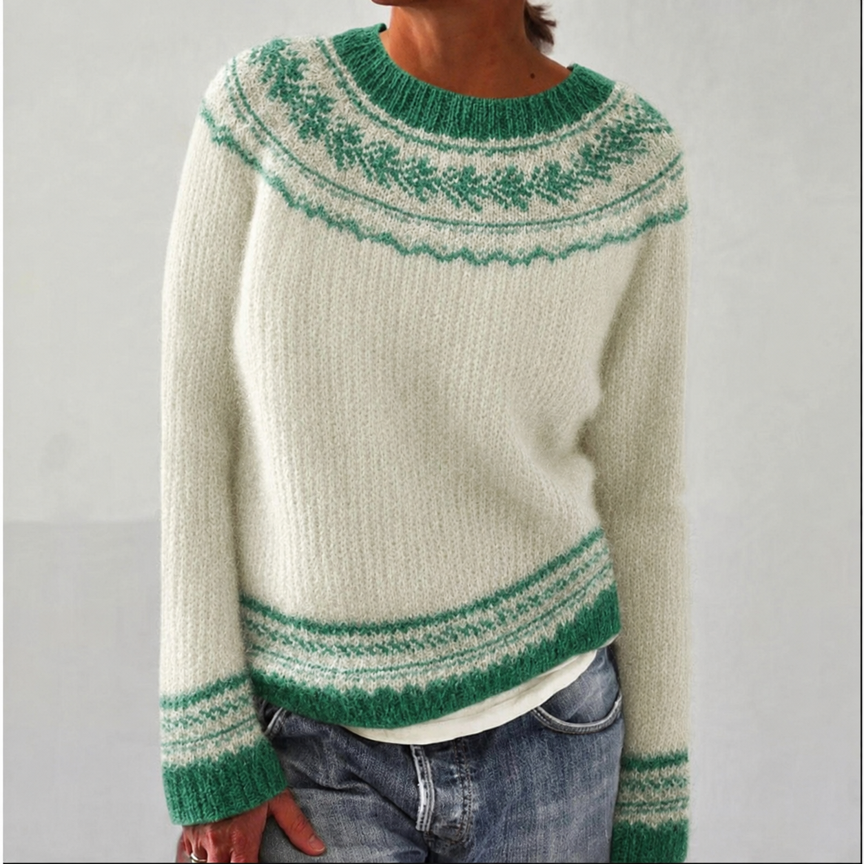 Women's Fair Isle Jumper, Crew Neck Yoke Pattern Loose Fit Knitwear
