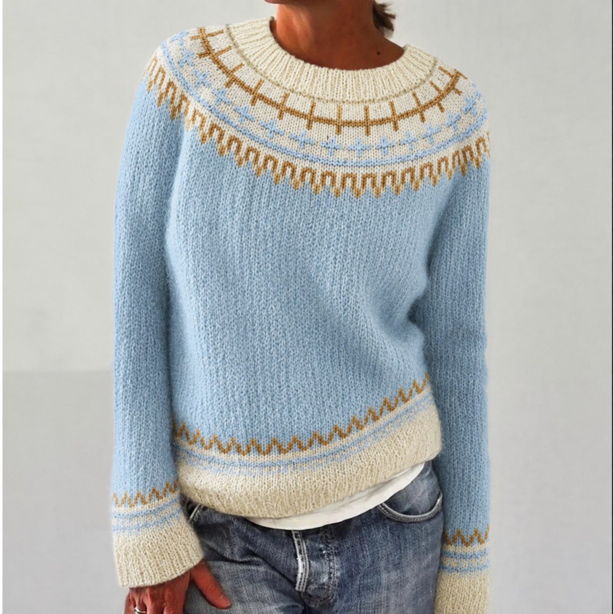 Women's Fair Isle Jumper, Crew Neck Yoke Pattern Loose Fit Knitwear