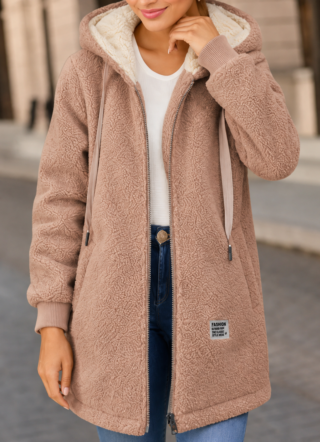 Women's Longline Borg Hooded Jacket, Drawstring Cardigan Coat with Pockets